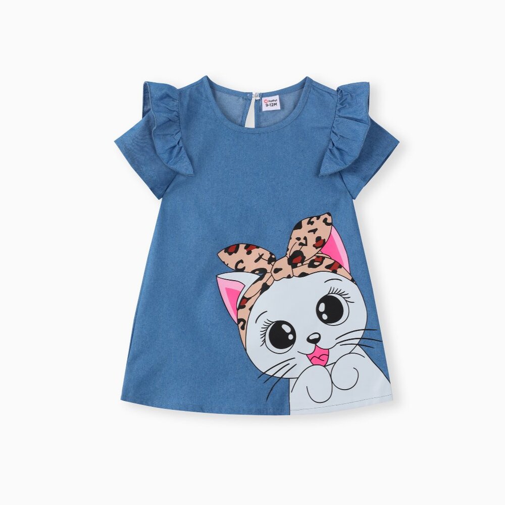 NWT Blue Baby Girl Cute Cat Print Ruffled Short-sleeve Dress